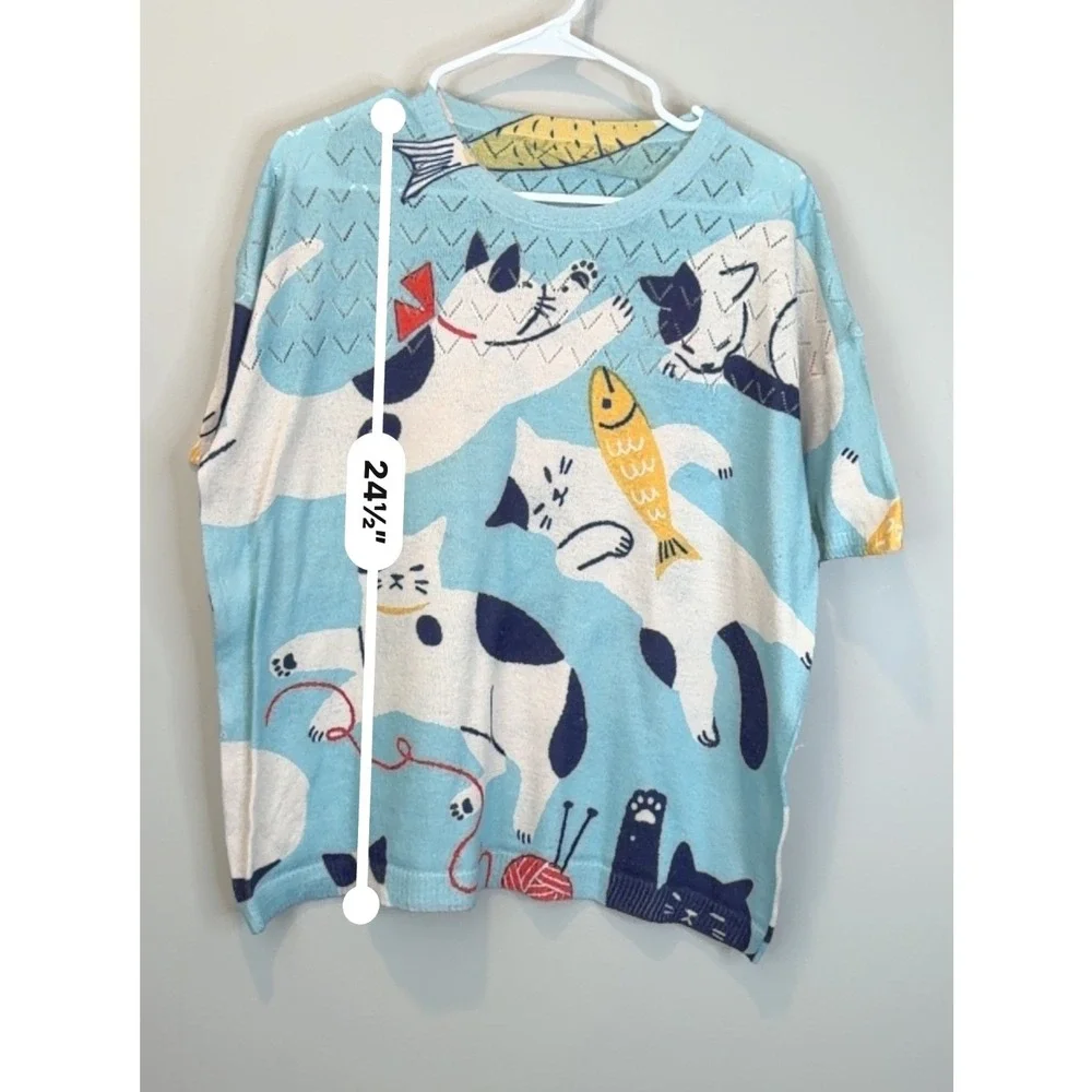 Unbranded Blue Cat‎ Print Knit Top Short Sleeve Whimsical Fish Pattern Sweater